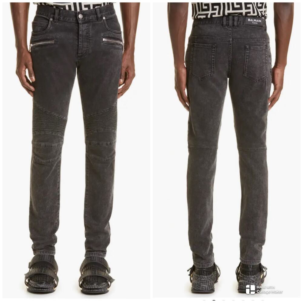 Balmain Moto Slim Fit Men's Jeans Size 32 Washed Faded Black EUC Zippers Biker